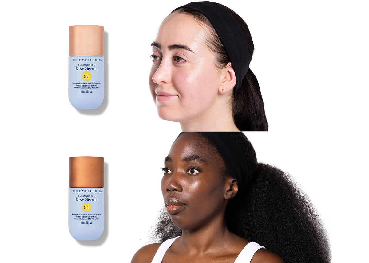 Two women wearing white tops against a white background AFTER wearing Tulipscreen Dew Serum