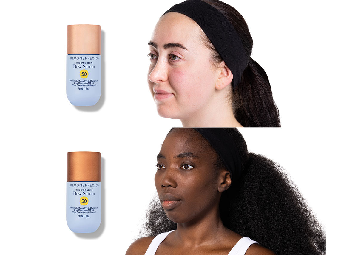 Two women wearing white tops against a white background BEFORE wearing Tulipscreen Dew Serum