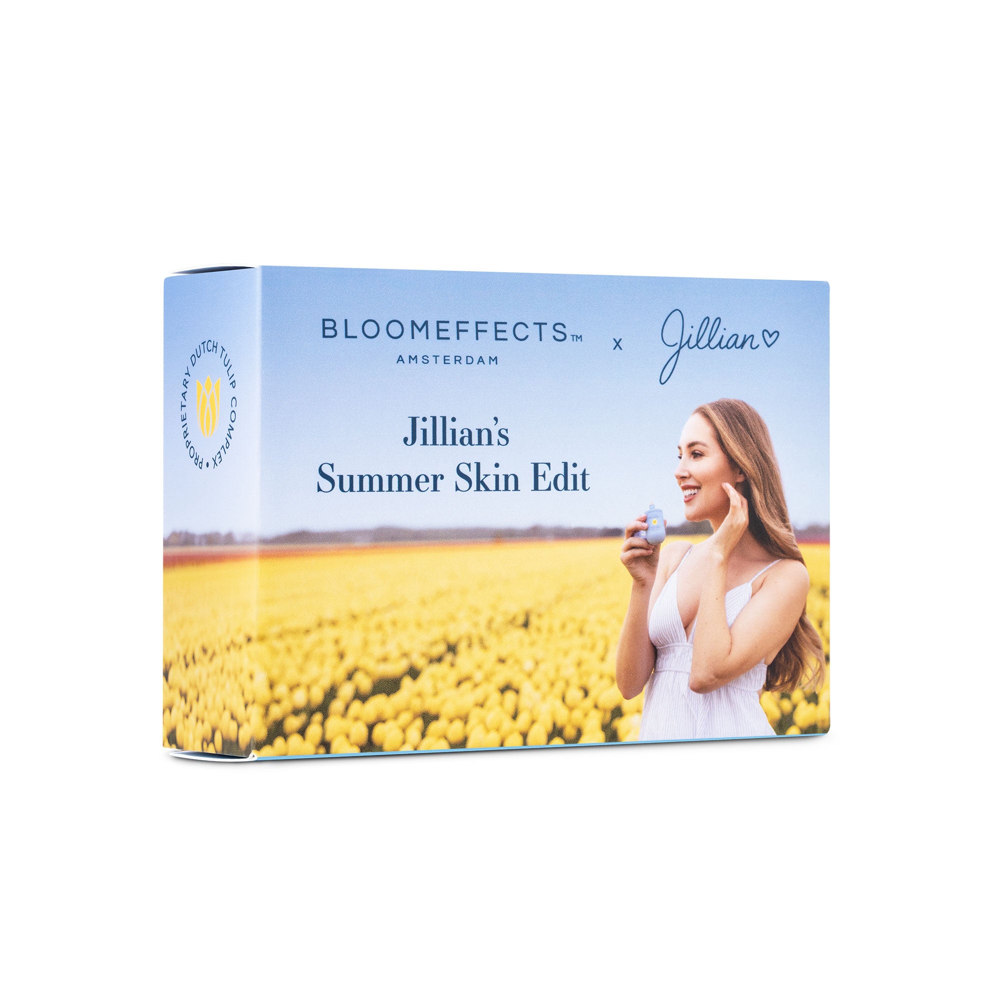Product packaging with a field of yellow flowers and a person, featuring 'Bloomeffects' and 'Jillian'.