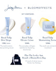 Lesley-Ann Brandt x Bloomeffects kit contents: Royal Tulip Dew Drops 13ml travel size multivitamin glow-priming serum, Royal Tulip Elevate Crème 50ml collagen and barrier boosting moisturizer, Royal Tulip Moisturizing Nectar 50ml multi-use ointment treatment, plus a navy velvet drawstring bag.