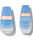 Two cosmetic products from the brand Bloomeffects, one labeled Tulip Dew Drops and the other Tulip Dew Sunscreen Serum, with volumes indicated as 30ml and 55ml respectively.