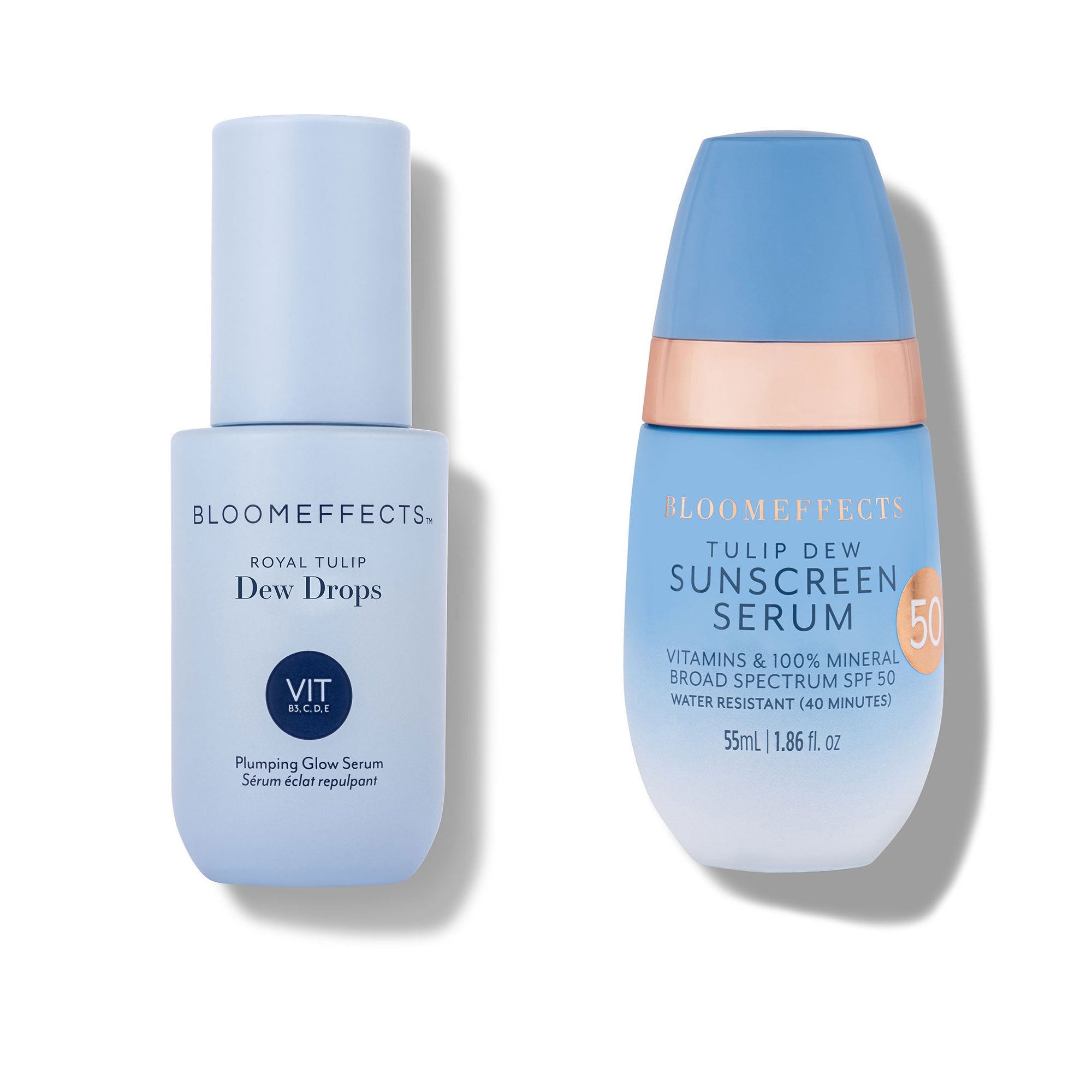 Two cosmetic products from the brand Bloomeffects, one labeled Tulip Dew Drops and the other Tulip Dew Sunscreen Serum, with volumes indicated as 30ml and 55ml respectively.