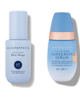 Two cosmetic products from the brand Bloomeffects, one labeled Tulip Dew Drops and the other Tulip Dew Sunscreen Serum, with volumes indicated as 30ml and 55ml respectively.