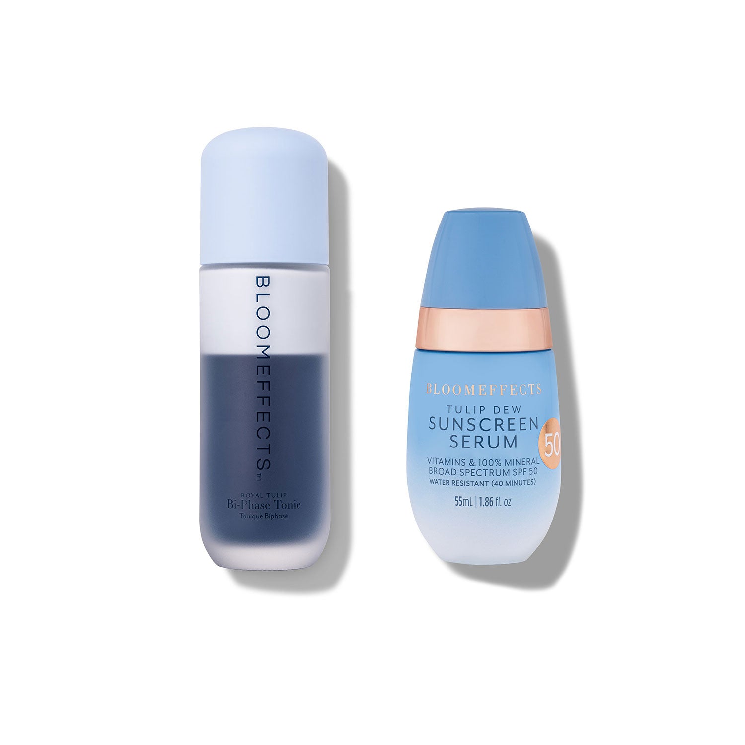 Two bottles of Bloomeffects skincare - Bi-Phase Tonic & Tulip Dew Sunscreen Serum.