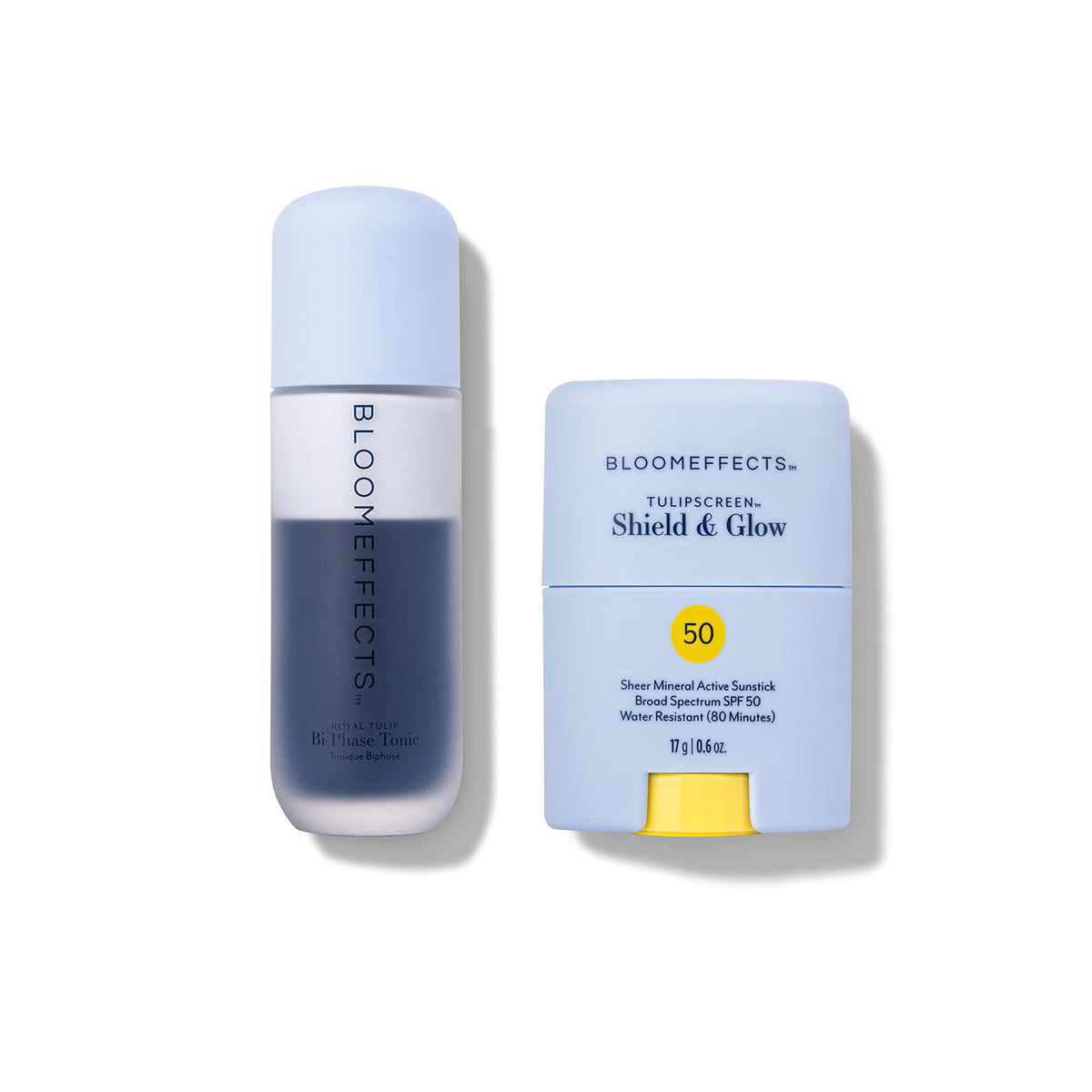 Two bottles of Bloomeffects skincare - Bi-Phase Tonic & Tulip Dew Shield & Glow