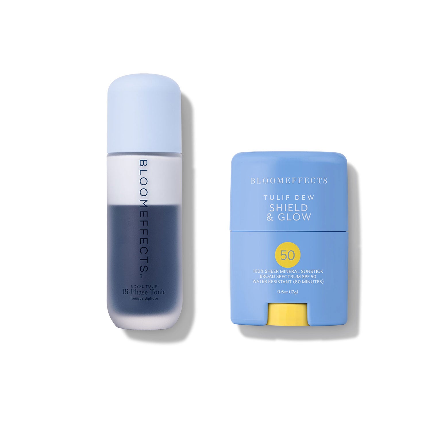 Two bottles of Bloomeffects skincare - Bi-Phase Tonic & Tulip Dew Shield & Glow