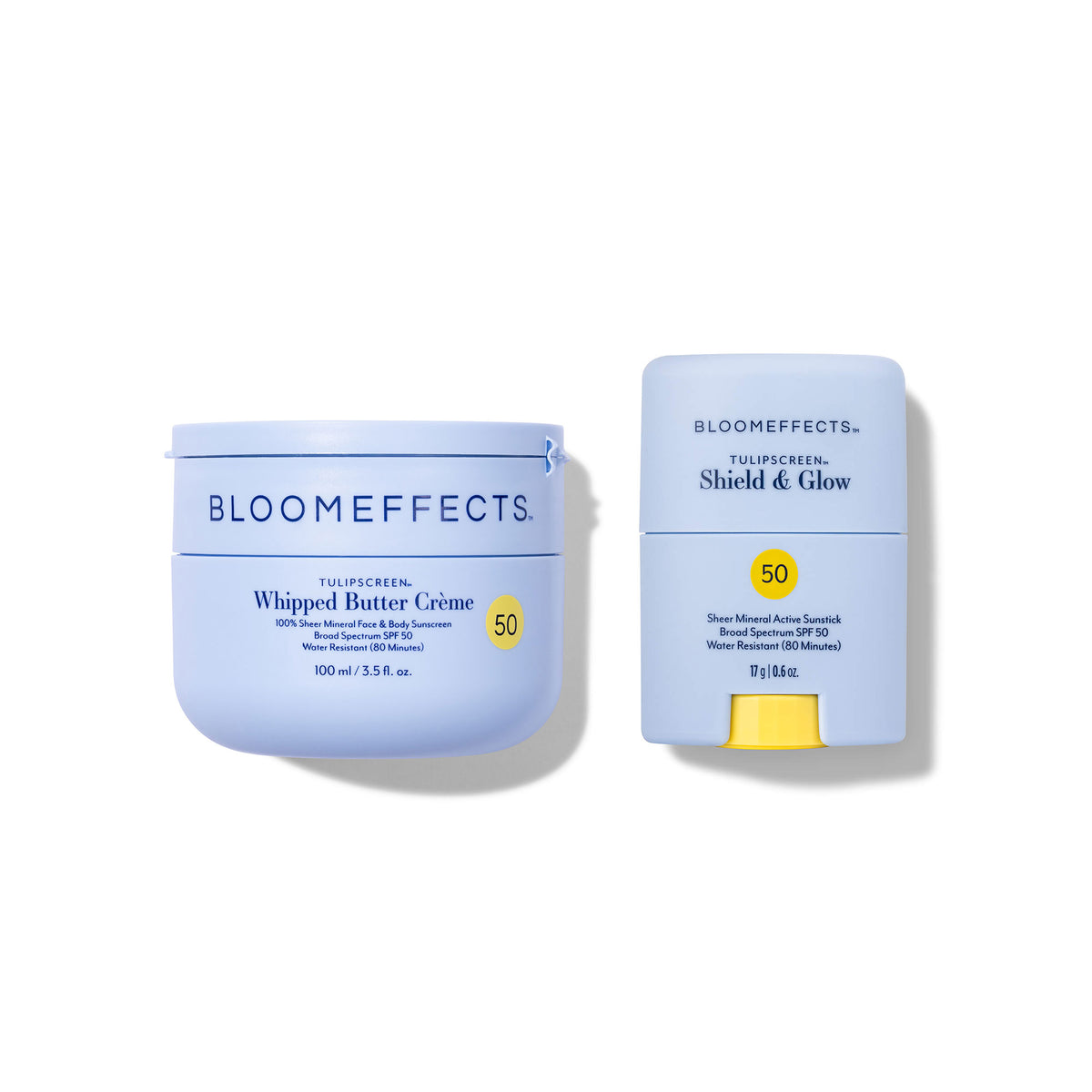 Bloomeffects Tulipscreen Whipped Butter Crème 100% Sheer Mineral Face & Body Sunscreen SPF 50, 100ml / 3.5 fl oz, beside Tulipscreen Shield & Glow Sheer Mineral Active Sunstick SPF 50, 17g / 0.6 oz, both water resistant for 80 minutes